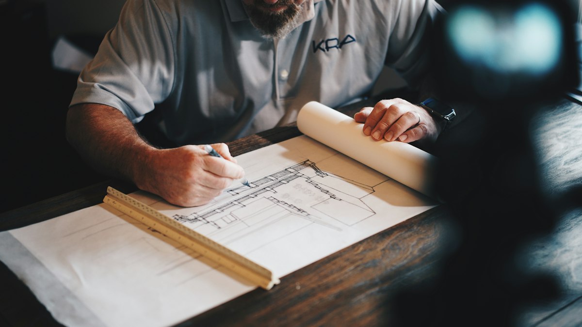 Renovation plans being sketched and measured on a drafting board