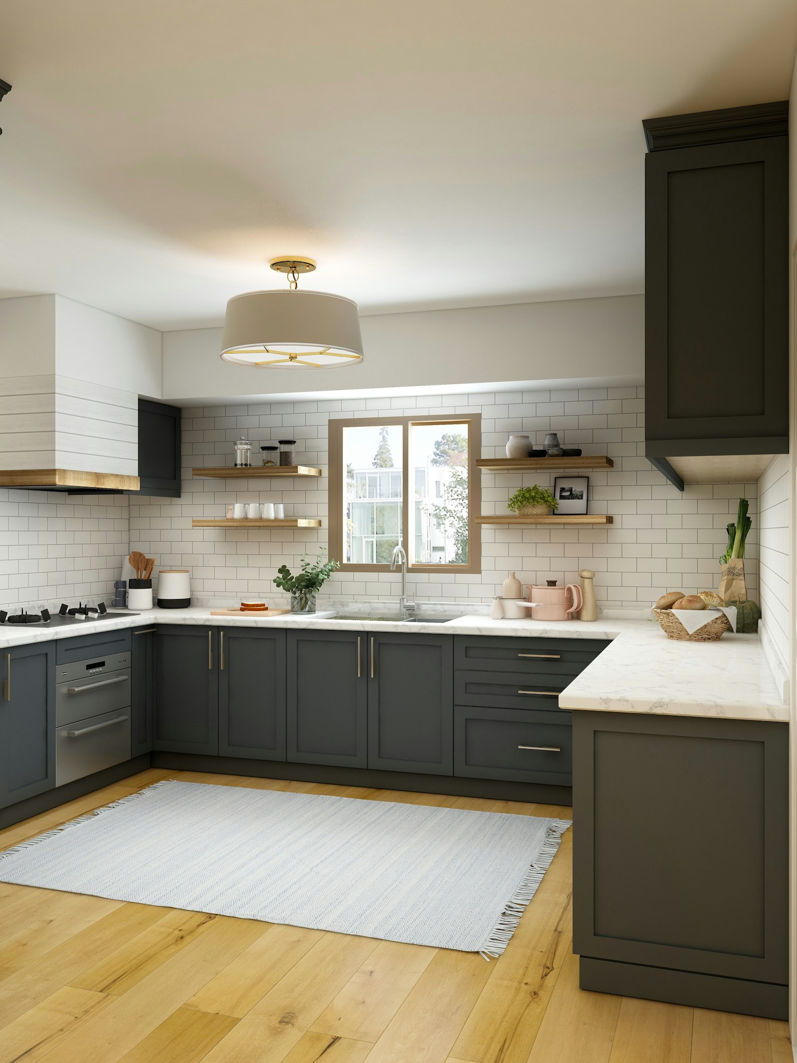 Renovated kitchen with deep green cabinetry, marble splashback and warm timber floor