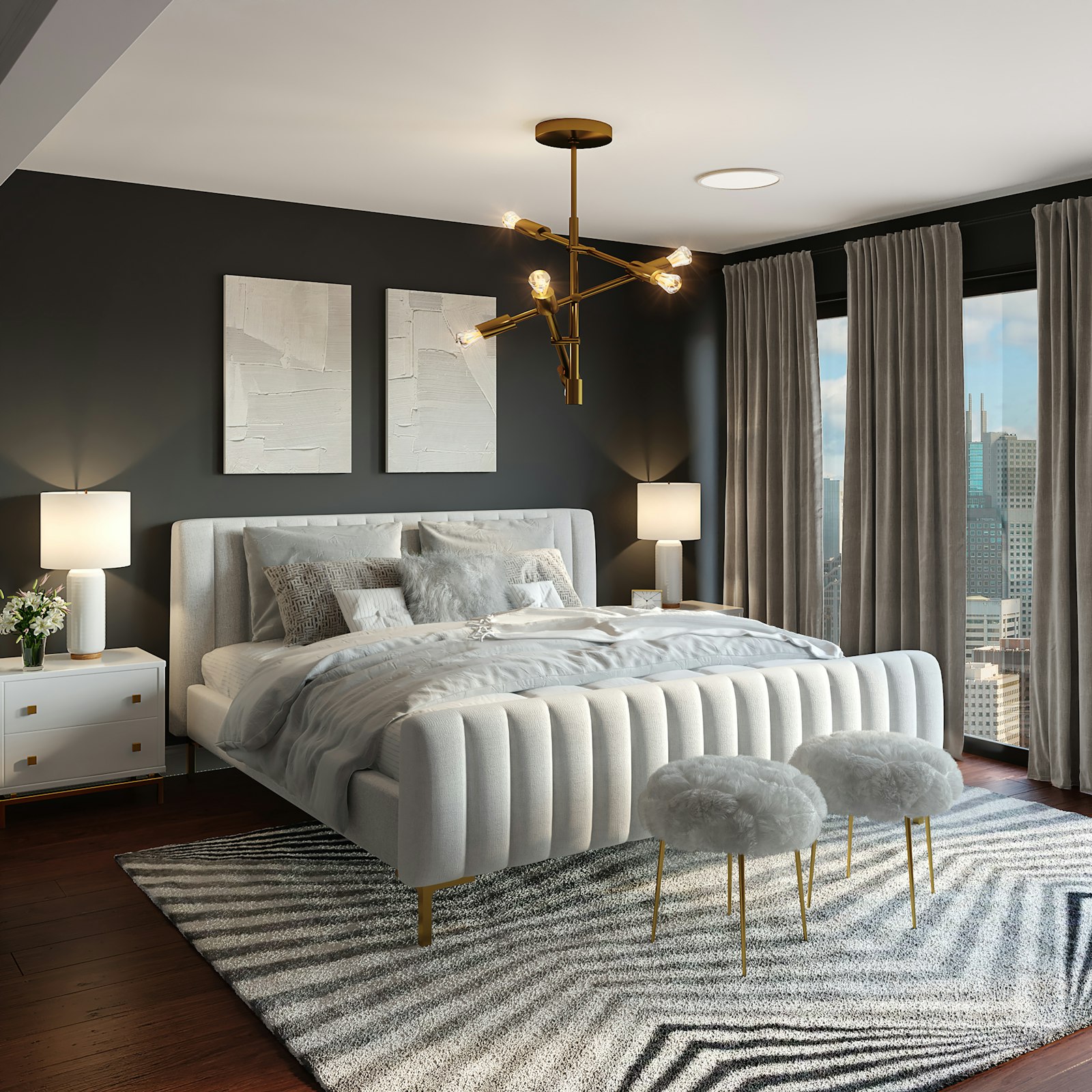 Bedroom refreshed with a deep green painted accent wall and soft neutral bedding